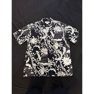 Two Palms Hawaiian Shirt Mens Large Black White Floral Monstera Cotton Hawaii